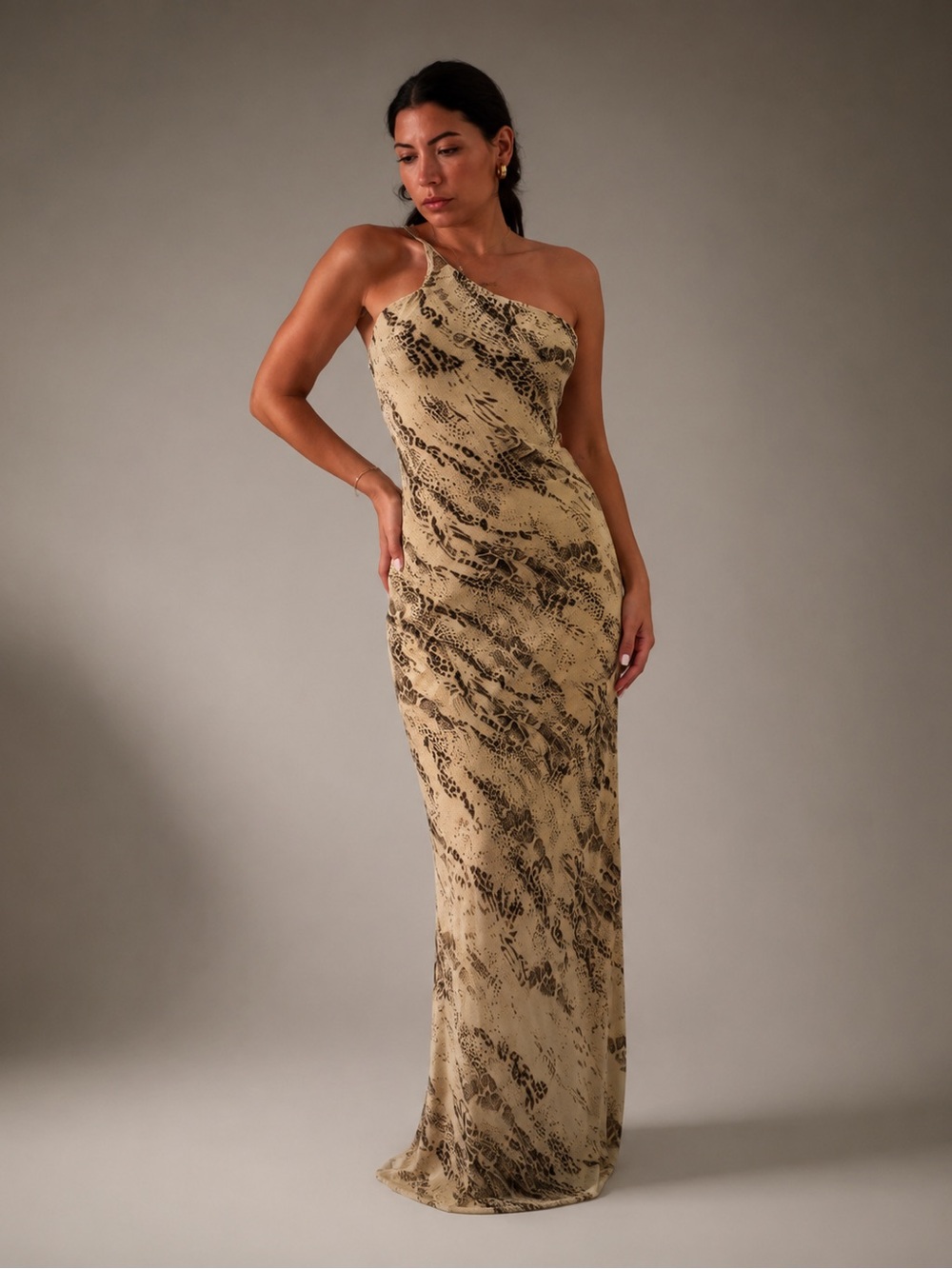 REVOLVE One-Shoulder Snake-Print Gown in Beige and Black